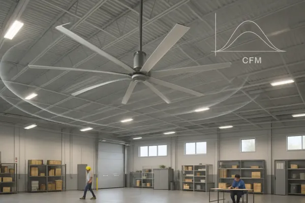 Ventilatore a soffitto che muove un flusso d'aria elevato in uno spazio industriale